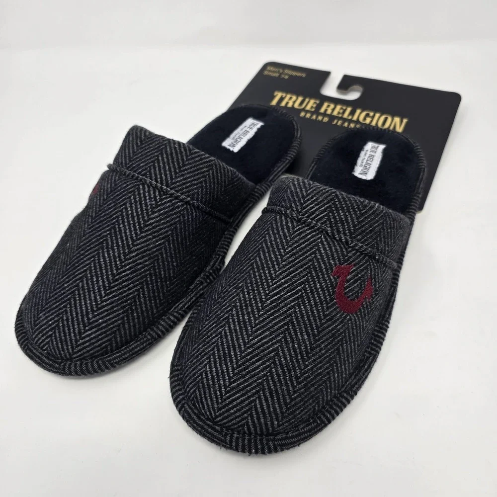 True Religion Slippers Mens Size 7-8 Small Gray Herringbone Slip On Fleece